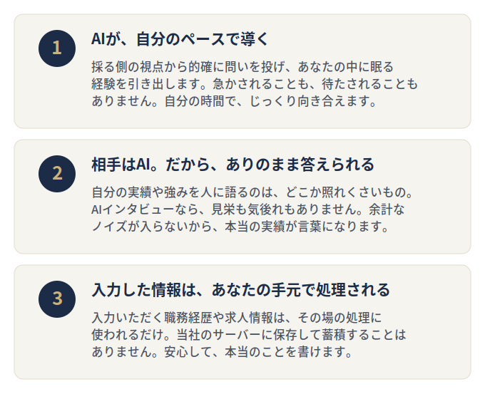 職務経歴書オプティマイザーの3つの特徴：自分のペース・ありのまま答えられる・手元で処理