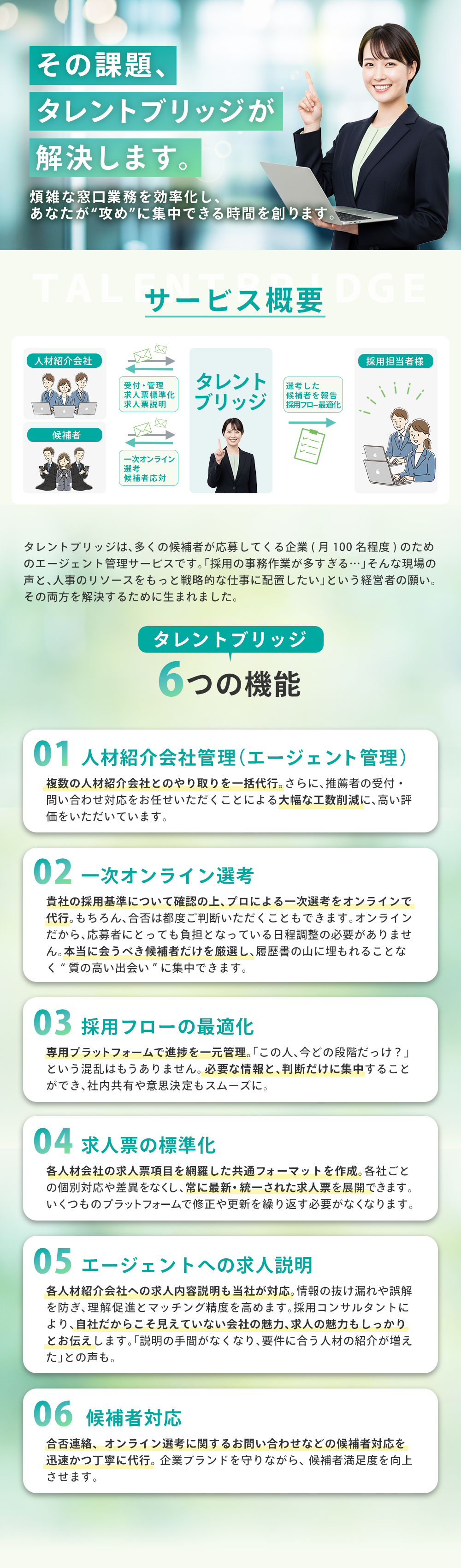 タレントブリッジが採用担当者の負担を解決するエージェント管理サービス。人材紹介会社対応、一次オンライン選考、採用フロー管理、求人票標準化、求人説明、候補者対応の6機能で事務作業を削減し、戦略的採用に集中できる。